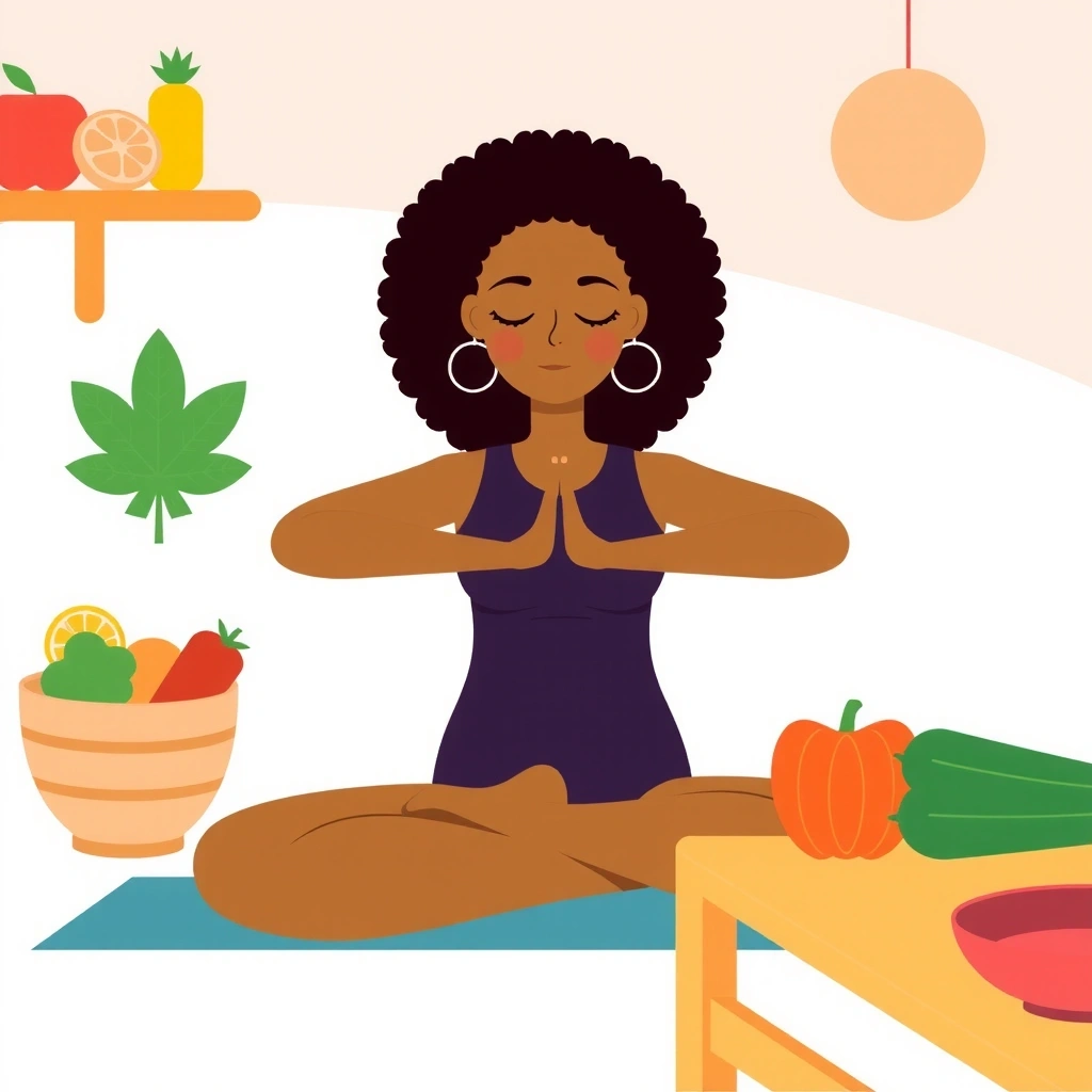 Peaceful lifestyle scene showing meditation, exercise, and healthy meal preparation
